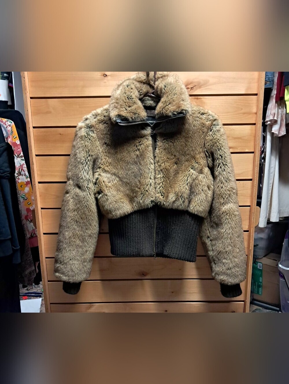 Express Y2K Faux Fur Cropped Bomber Jacket Size M